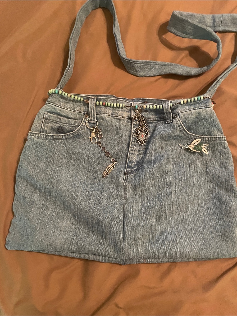 Handcrafted denim crossbody bag with Beaded and Feather embellishments 13x17